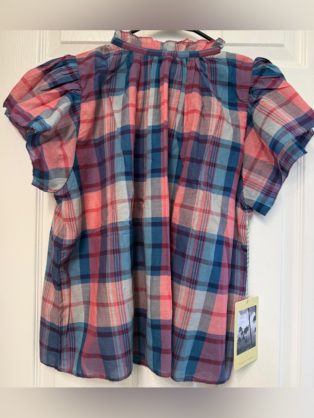 Women’s Plaid Short-Sleeve Peasant Top - Pink & Blue